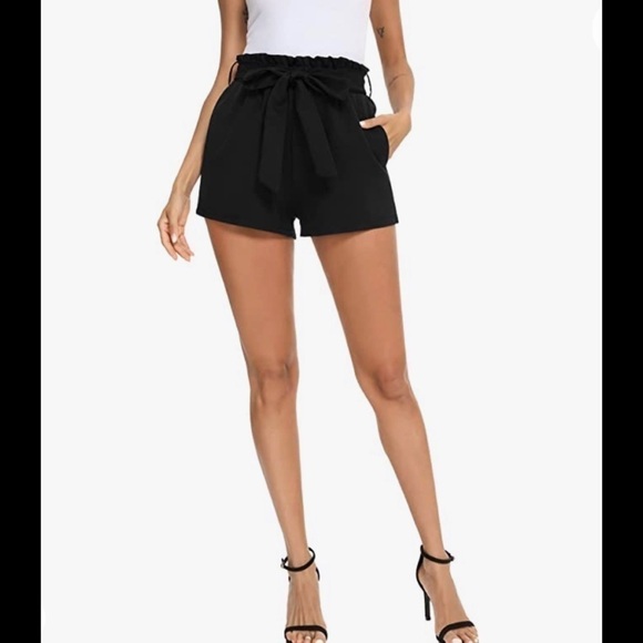 Pants - Black casual paper bag Style shorts with bow tie